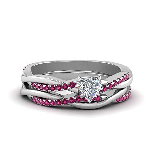 Bague de mariage torsadée en argent qui ne noircit pas avec pierre en cœur et diamants fins