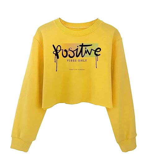 G-Amber Girls Crop Tops Sweatshirts Kids Cute Long Sleeve Printings Fashion Pullover Shirt Positive Vibes Only Yellow