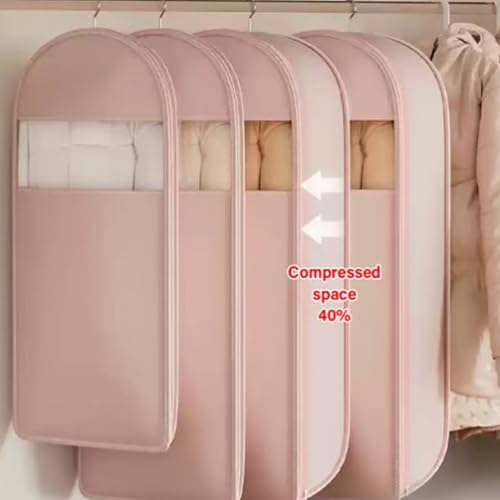 Space Saving Hanging Garment Bag with Self Compression Zipper, Space Saving Hanging Garment Bags, Down Coat Compression Dust Cover (Light Pink*1Set,L)3