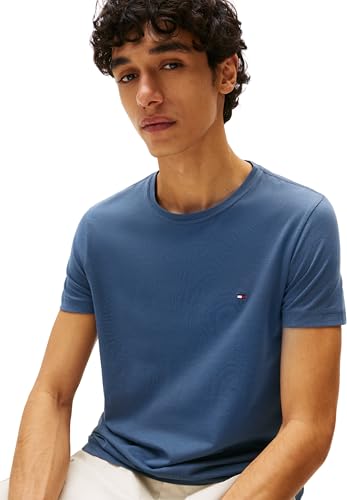 Tommy Hilfiger Herren T-Shirt Kurzarm Stretch Slim Fit Tee Rundhalsausschnitt, Blau (Aegean Sea), M – Ansicht 3
