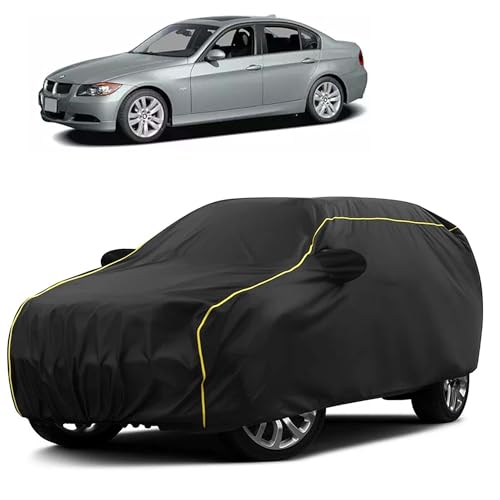 Image of Sulfar 100% Water Resistant Car Body Cover Compatible with Mirror for BMW 325i (Triple Stitched, Full Bottom Elastic, Black Taffeta with Yellow Piping)