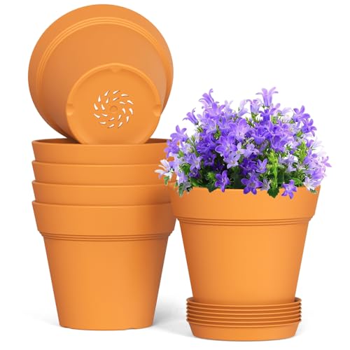 WSMKSZ 5 Inch Plastic Plant Pots with Drainage Holes and Trays – 6 Pack Small Nursery Pots for Indoor & Outdoor House Plants and Flowers, Seedling Starter Planters, Terracotta