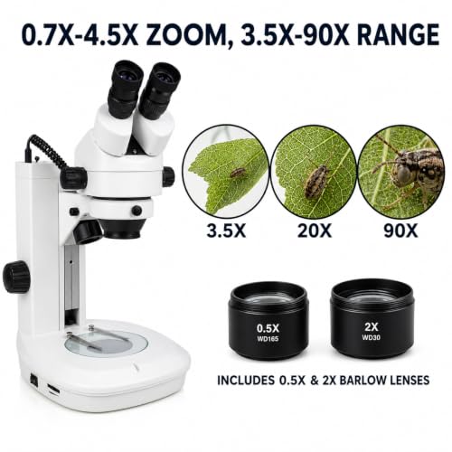 Image of VS-2EZ Binocular Zoom Stereo Microscope, 10x Widefield Eyepiece, 0.7X-4.5X Zoom Range, 3.5X-90x Magnification Range, 0.5X & 2X Auxiliary Lens, LED Illumination, Track Stand