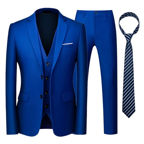 KUDORO Costume Homme 3 Pièces pour Mariage Business Slim Fit Smoking à Deux Boutons Blazer Veste et Pantalon Gilet avec Cravate(Bijou Bleu,L)