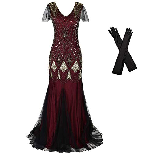 Women Evening Dress 1920s Flapper Cocktail Mermaid Plus Size Formal Gown with Long Gloves Red Gold