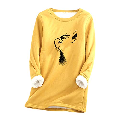 YAnGSale Women Sweater Winter Warm Sweatshirt Thick Fleece Cute Printing Underwear Tops Plush Blouse Velvet Pullover (Yellow, M)