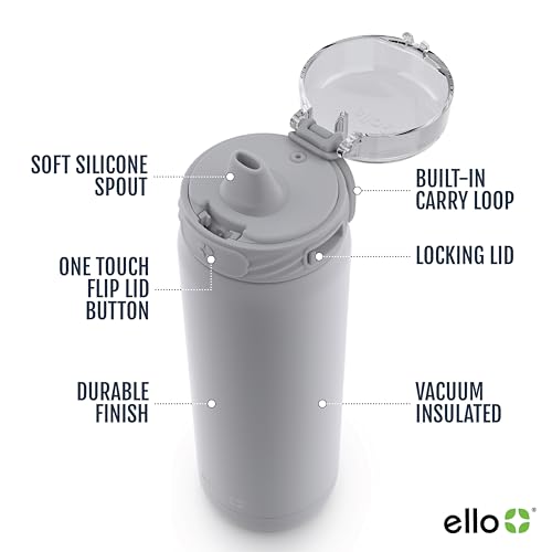 Image of Ello Cooper 40oz Stainless Steel Water Bottle with Straw and Carry Handle, Double Walled and Vacuum Insulated Metal, Leak Proof Locking Lid with Soft Silicone Spout, Reusable, BPA Free, Grey