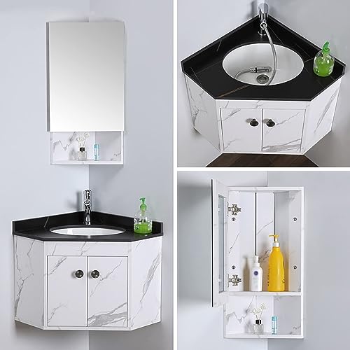 Mueble de baño de Esquina de Montaje en Pared con Lavabo, tocador de baño, tocador de Lavabo de baño con Combo de Grifo, Combo de Lavabo de baño con gabinete de Espejo,A
