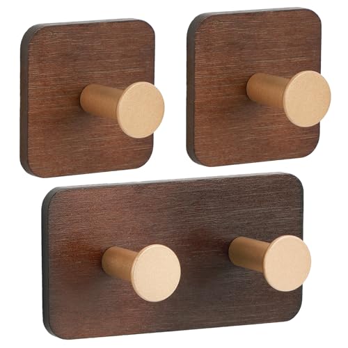 Segus Ganci Adesivi, 3 Pezzi Appendini Adesivi Bambù, Appendi Asciugamani in Bambù, per Cappotto, Cintura, Chiavi (Marrone)