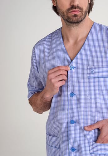 El Búho Nocturno Mens Pajama Set Short Sleeve Summer Cotton Poplin Woven Checkered Pajama Set for Men, 100% Cotton, Blue 4544, L4