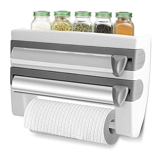 Dispensador de rollos de cocina 3 en 1, papel de aluminio montado en la pared y soporte de película adhesiva, con cortador