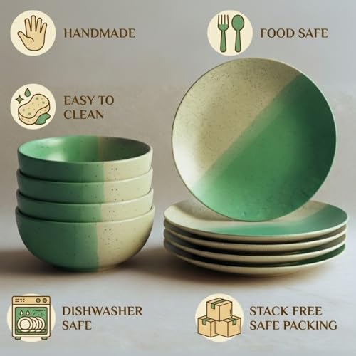 Image of Freakway Ceramic Dinner Set | 6-Piece Dual Tone Mint Green & Beige Speckled Plates & 6 Bowls | Elegant Serving Set for Meals & Dining Table