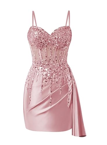 MYDRESS Beaded Homecoming Dresses 2025 Satin Spaghetti Strap Mini Prom Cocktail Gown