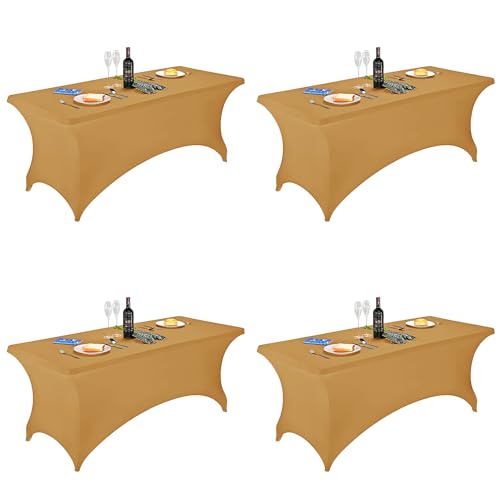 Image of FORLIFE 4Pack Spandex Table Covers,Fitted Tablecloth for Rectangular Tables, Stretch Patio Table Covers, Universal Spandex Table Cover for Wedding, Banquet, Party (6ft, Gold)