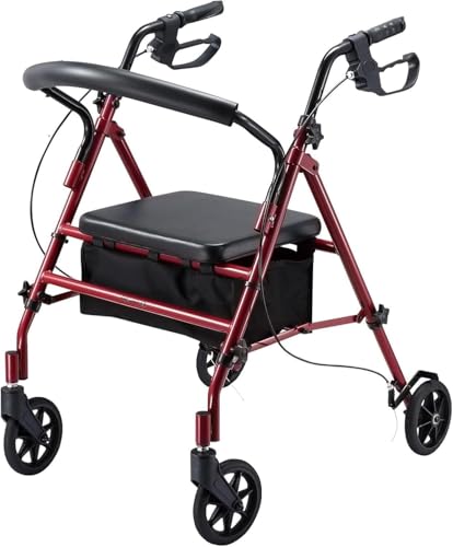 JupiterJX Lightweight Folding Rollator, Aluminium Rollator with Seat and Wheels – Four Wheels Disability Aids Walkers, Lockable Brakes Mobility Walker for Elderly Disabled 110KG Capacity (Red)