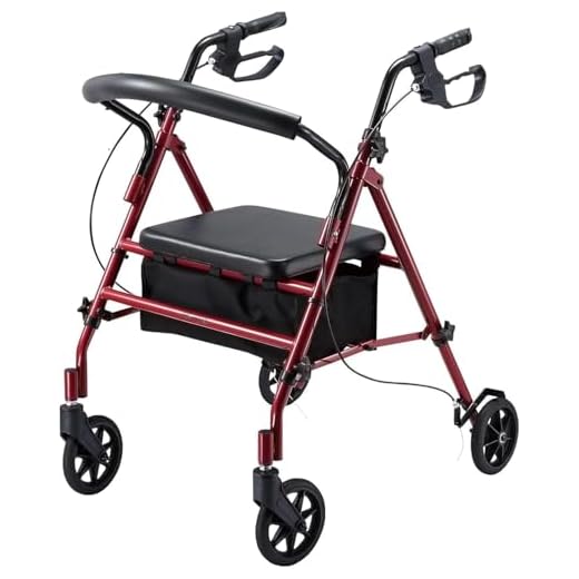 JupiterJX Lightweight Folding Rollator, Aluminium Rollator with Seat and Wheels – Four Wheels Disability Aids Walkers, Lockable Brakes Mobility Walker for Elderly Disabled 110KG Capacity (Red 2)