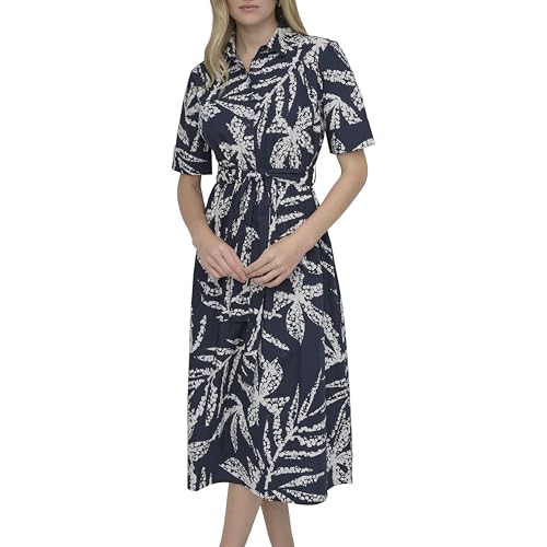 Image of DKNY Women's Short Sleeve Cotton Poplin Collared Midi Shirtdress