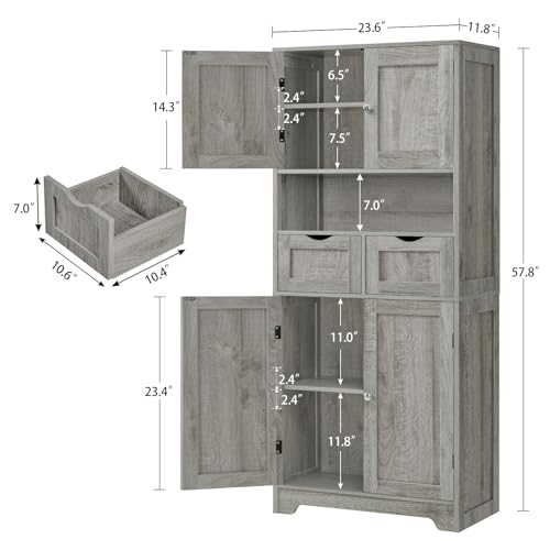 Image of TEENFON 57.8 inch H Tall Storage Cabinet with 2 Drawers & 2 Adjustable Shelves, Bathroom Storage Cabinet with 4 Doors, Floor Cupboard, for Living Room, Dining Room, Entryway, Woodgrain Gray