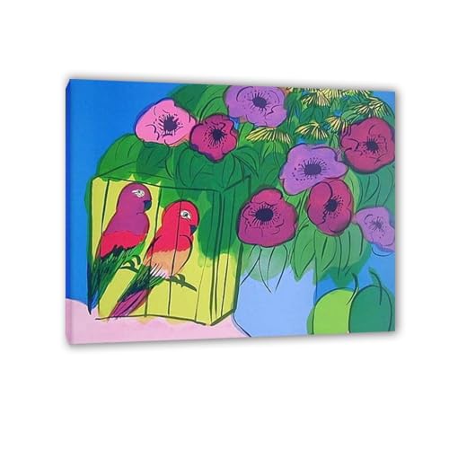 Affiche Walasse Ting Perroquets fleurs tableau salon 30x39
