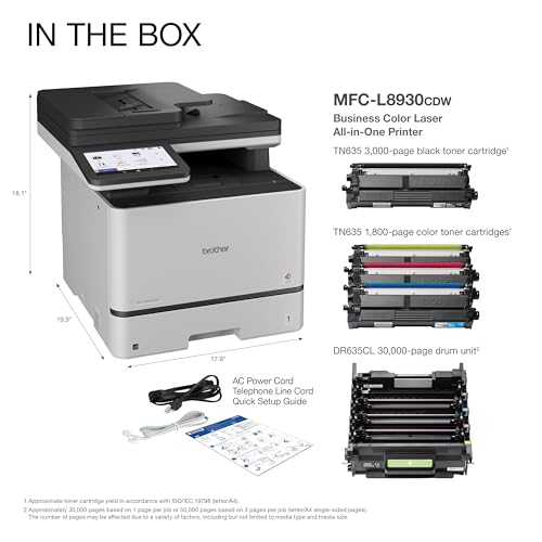 Image of Brother MFC-L8930CDW Business Color Laser All-in-One Printer with Duplex Print, Scan, Copy, Low-Cost Printing, and Advanced Security Features | Color Laser Mfp, Duplex Print and Scan, 7 Touchscreen, 250 Plus 50-Sheet, Dual-Band WI-FI and Gige, Includes Toners