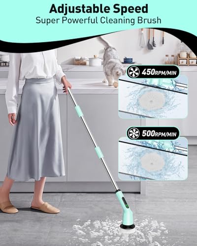 Image of Shower Scrubber with Long Handle, Bathroom Cleaner Brush with 8 Floor Machine Pads, Cordless Electric Spin Scrubber for Cleaning with 2 Speed, Cleaning Supplies for Bathtub Kitchen Floor Mint