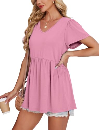 Image of OFEEFAN Womens Summer Tops Babydoll Short Sleeve Shirts Puff Sleeve Peplum Tops V Neck T Shirts