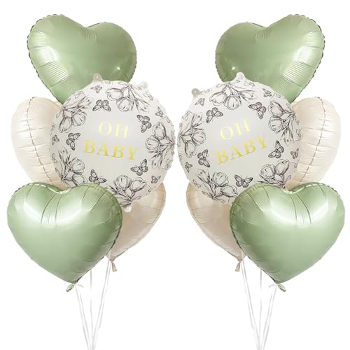 Eclatjoy 10Pcs Oh Baby Balloon Set - Beige & Sage Green Heart Foil Balloons for Gender Neutral Baby Shower, Baby Sprinkle Party Decorations