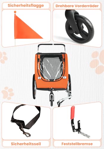 SEPNINE® Hunde Fahrradanhänger XL, 2 in 1 Hundeanhänger & Jogger mit Reflektor und Bremse, 600D Oxford Canvas, maximale Belastung 40kg-Orange