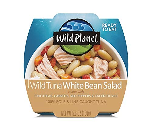 Image of Wild Planet Ready-To-Eat Wild Tuna White Bean Salad, 5.6 Oz, Pack of 9 | White Bean Salad With Organic Chickpeas, Carrots, Red Peppers & Green Olives. Non-GMO, Gluten Free, Kosher, Dairy Free