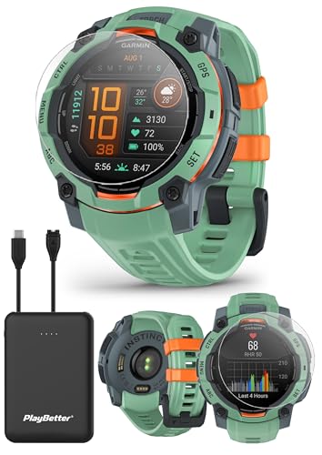 Garmin Instinct 3 45 mm (Neo Tropic) AMOLED Rugged Outdoor GPS Smartwatch Bundle - Bisel reforzado de metal, linterna integrada, batería de larga duración con cargador portátil PlayBetter y