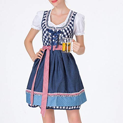 TOPUNDER Women Bandage Apron Bavarian Oktoberfest Costumes Barmaid Dirndl Dress Blue