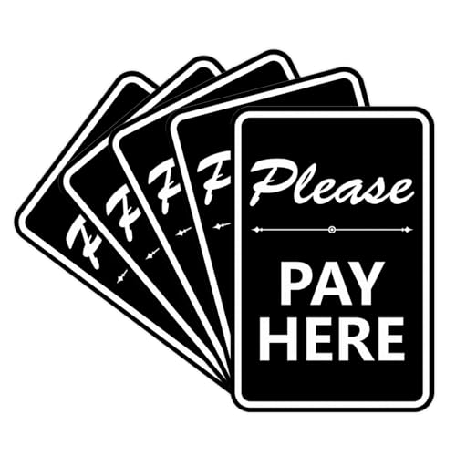 Portrait Round Please Pay Here Sign with Adhesive Tape, Mounts On Any Flat Surface (Black) - Large (5 Pack)