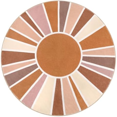 Topotdor Sun Rainbow Round Rug 5.2ft Boho Kids Nursery Rug, Colorful Washable Area Rug Ultra Soft Circle Classroom Rug Non-Slip for Bedroom Living Room Playroom Decor, Orange Cover