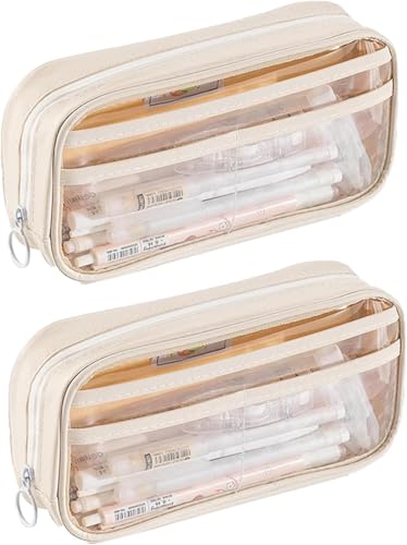 Voihamy Large Capacity Organizer Bag | Half-Transparent Pencil Pouch | Aesthetic Beige White Pencils case | Cute Clear Pencil case for Girls | School Pencil and Storage case for Student