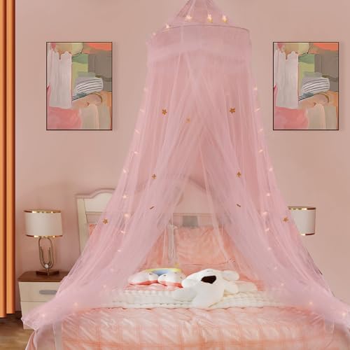 Bed Canopy for Girls with Star Lights - Gold Star Princess Bed Canopy, Mosquito Net for Bed | Canopy Bed Curtains for Kids, Toddlers, Boys & Girls | Fits Twin/Full/Queen/King Beds | Reading Nook Decor