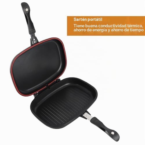 Sartén de Doble Cara, Sartén Doble Antiadherente de Aluminio para Parrilla, Sartén para Tortilla, Sartén Abatible con Mango Anti Quemaduras, Suministros de Cocina de 12,6