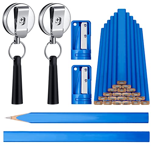 20 Pieces Carpenter Pencils Flat Pencils 2 Pieces Retractable Carpenter Pencil Holders 2 Pieces Carpenter Pencil Sharpeners Carpenter Pencils Cutter Marking Tool Set (Blue Cover, Black Refill)