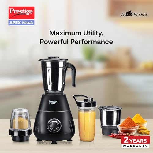 Prestige Apex Blendo 500 Watt Mixer Grinder with 4 Jars (2 Stainless Steel Jars + 2 Nutri Blend) | Super Efficient SS Blades | Black | 2Y Warranty | ISI Certified view 2