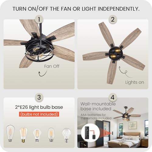 Image of 42 Inch Farmhouse Ceiling Fan with Lights and Remote, Timer, Dual Finish 5 Blades (Rustic Brown and Oak), 6 Speeds, Reversible DC Motor, Rustic Brown Caged Ceiling Fan for Bedroom FB04CF4205