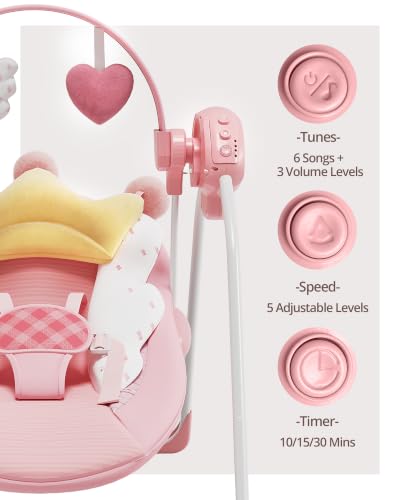Image of Baby Swing, Portable Baby Swings for Infants, Infant Swings for Newborn, Baby Girl Swing with Music, Timing, Soft Head Support, 0-6 Months 6-20 lbs
