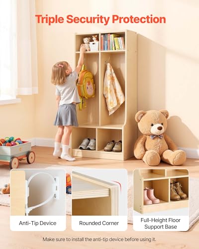 Image of VEVOR 2-Section Coat Locker with Bench, Kids Lockers with 4 Hooks & Non-Slip Mat, Classroom Cubbies for Daycare, Home, Kindergarten- Natural
