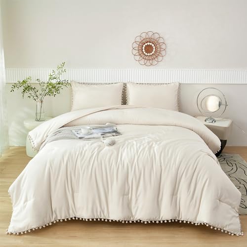 Parure de lit 5 pièces beige crème PERFEMET pour lit double avec drap et pompons