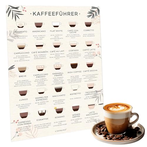 Kaffee Poster,32 x 23 cm Kaffee Schild,Coffee Poster,25 Kaffeerezepte,Weiß Coffee Guide Poster Kühlschrank,Verschönert Die Einrichtung,Deko Übersicht Wandschild für Cafés,Küchen und Restaurants