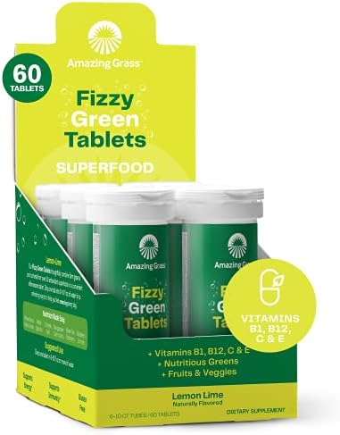 Amazing Grass Fizzy Green Tablets Superfood Lemon Lime: Green Superfood Water Flavoring Tablet with Antioxidants & Alkalizing Greens, 60 Count (Packaging May Vary)