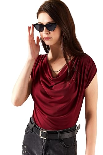 Image of SIGHTBOMB Ultra Soft Afford LUX Edition Draped Cowl Neck FRONTFLOW Gathered Ruched SOFTLINE Sleeveless TOP for Women