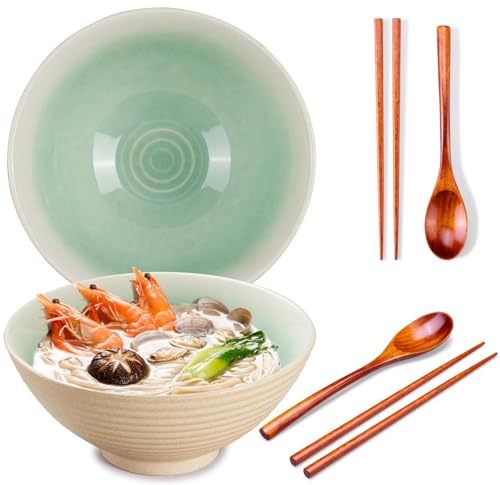 Ceraozmus 2 cuencos de cerámica para ramen, 40 onzas, 20 cm, con cuchara y palillos para sopa de ramen, fideos asiáticos, cuencos grandes para fideos (esmalte blanco, 2 juegos)