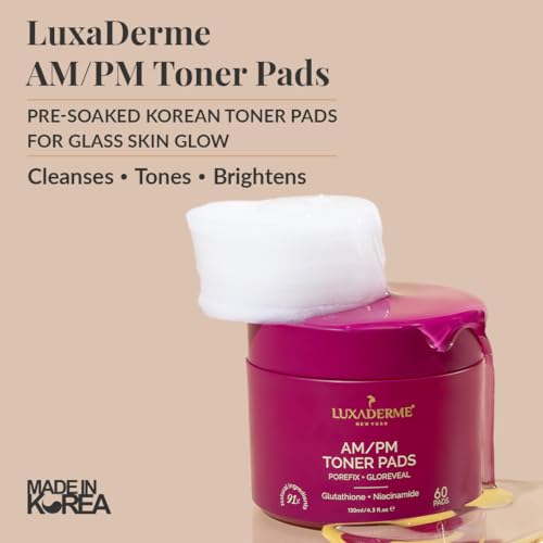 LuxaDerme AM/PM Toner Pads for Korean Glass Skin Glow with Niacinamide & Glutathione | Pre-Soaked Dual-Textured Cotton Pad to Gently Exfoliate, Tone & Brighten Skin | Hydrates & Refines Pores | Vegan Korean Skincare for Men & Women | 60 Pads