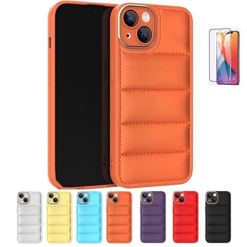CAVAJPシリーズ ダウンジャケット スマホケース iPhone 11/12/13/14/15 Pro/16 Pro Max用 強化ガラススクリーンプロテクター付き 7色展開 韓国デザイン クッション性 軽量 耐衝撃性 ソフトレンズ保護 (オレンジ,iP