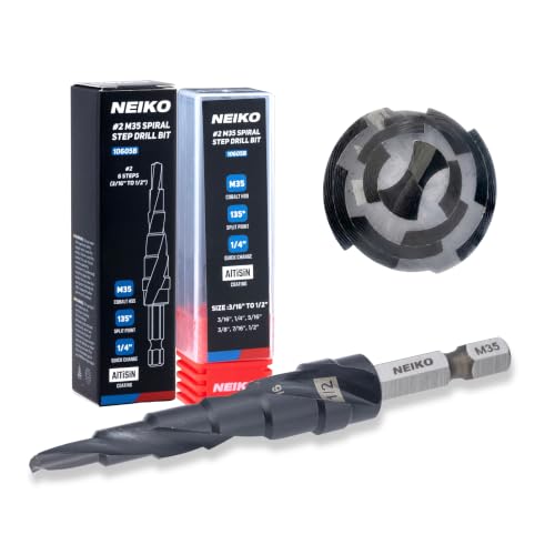 Image of NEIKO 10605B Step Drill Bit, 6 Steps 3 /16 inch to 1 /2 inch Spiral M35 Cobalt, AlTiSiN Coated, 1 /4 inch Quick Change Step Bits for Steel, Metal, Wood, Plastic, Unibit Cone Drill Bits, Two Flute