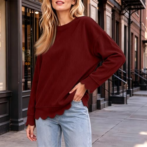 Womens Crew Necks Sweatshirts Fall Corduroy Long Sleeve Scalloped Tops - image 3